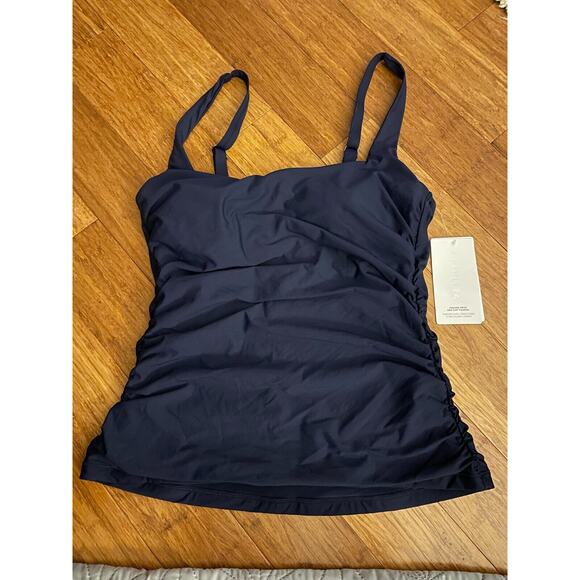 NWT ATHLETA Square Neck Bra Cup 34 B/C Tankini Top Dress Blue Ruching $74! - Picture 6 of 8